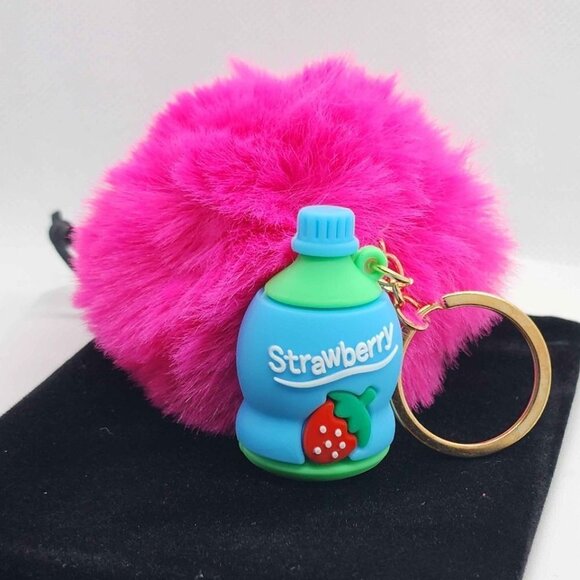 Brand NEW  PINK Pom Pom With STRAWBERRY bottle  KEYCHAIN - Picture 1 of 3